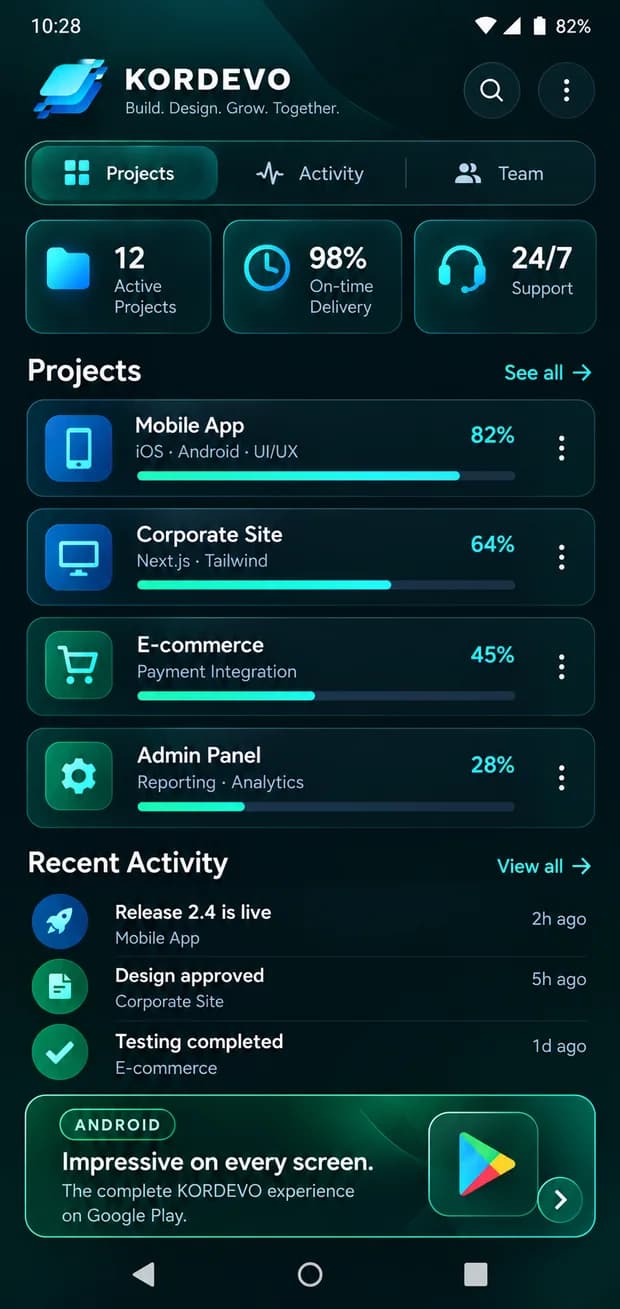 Kordevo mobil uygulamasının Android proje takibi ekranı