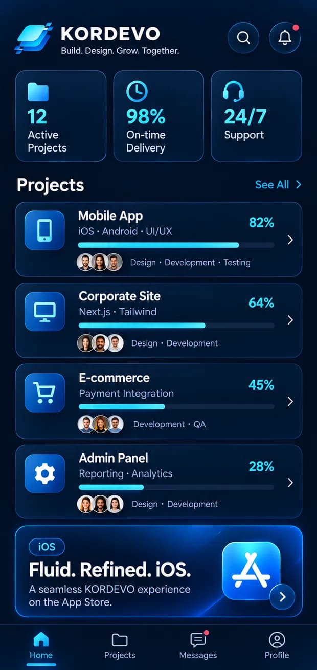 Kordevo mobil uygulamasının iOS proje takibi ekranı