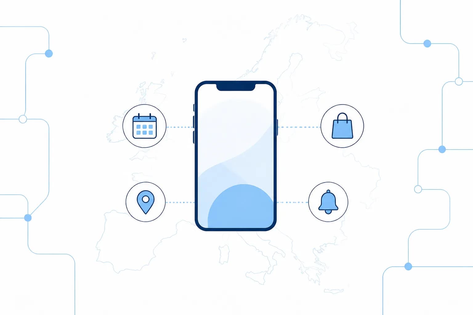 Smartphone illustration surrounded by calendar, shopping bag, notification and location icons