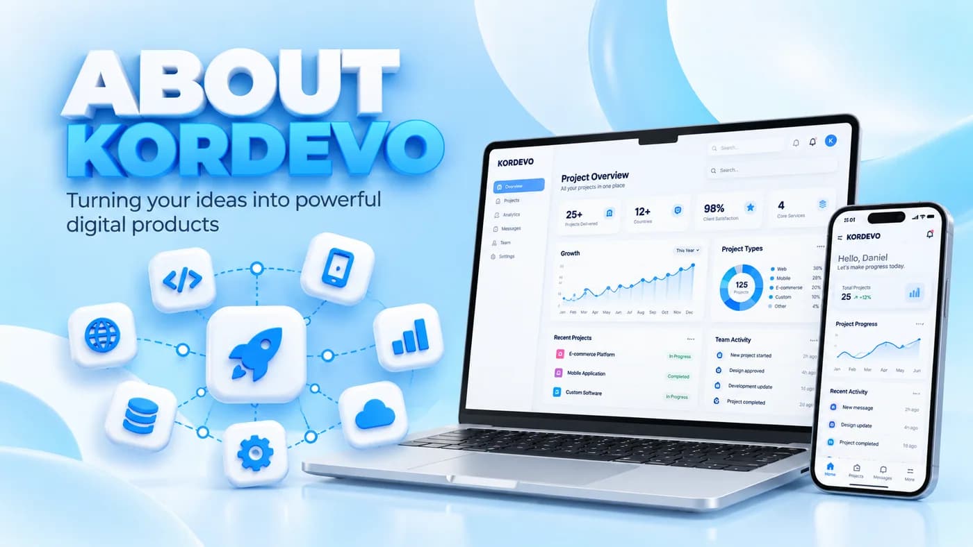 Kordevo ekibinin geliştirdiği web ve mobil ürünleri gösteren tanıtım görseli